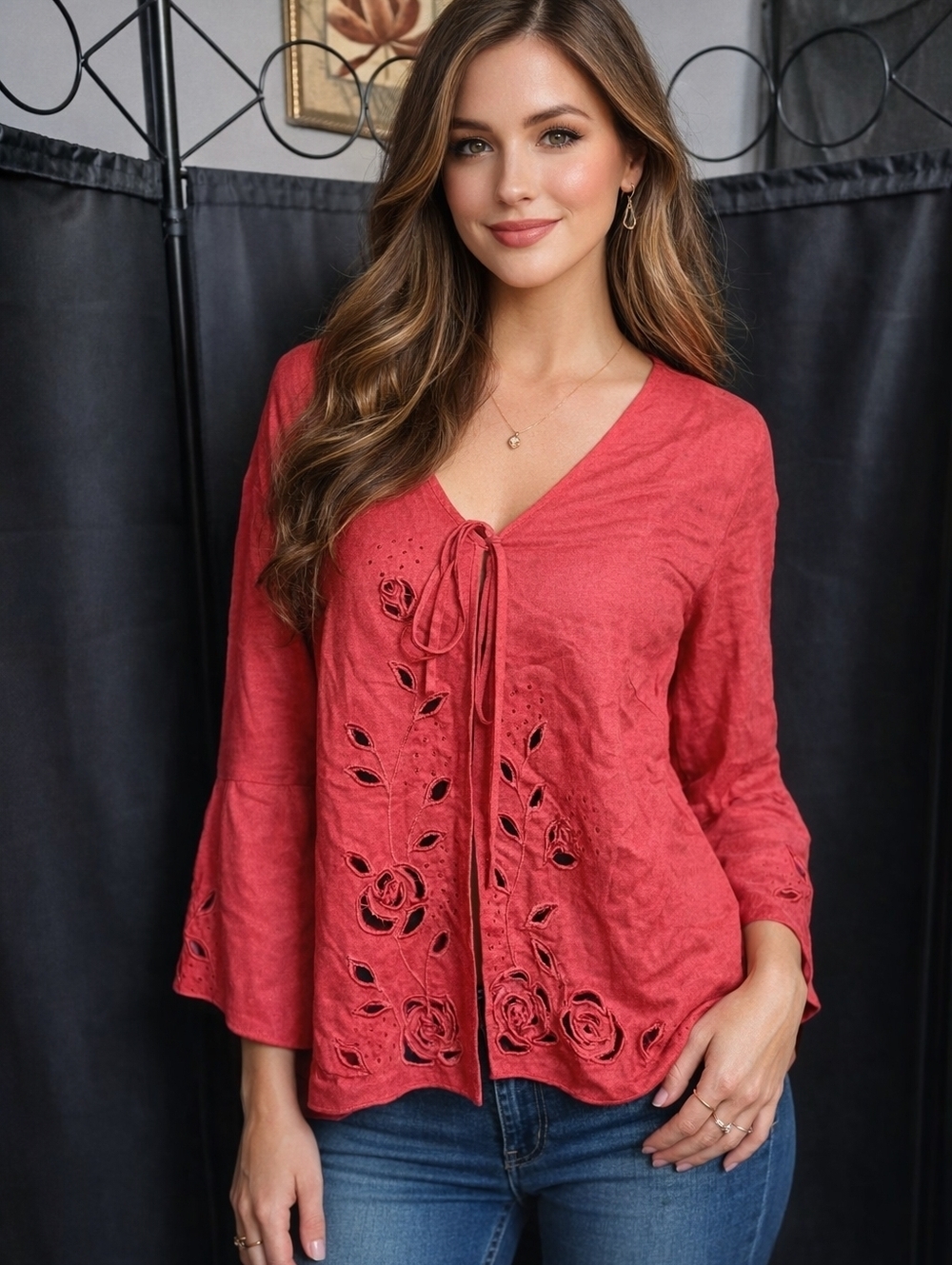 Adrianna Papell Women's Linen Blend Tie Up Wrap Cardigan Flare Sleeve 16W Coral